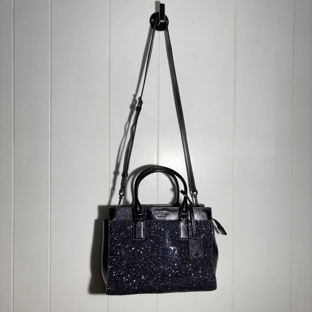 Kate Spade Cameron Navy Glitter Black Saffiano Leather Satchel Crossbody Handbag